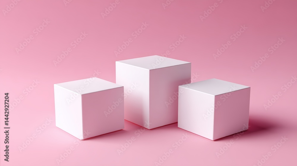 Poster three white cubes are displayed on a pink background, creating a minimalistic and geometric composit