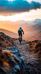 Fototapeta premium A biker rides through stunning mountain trails at sunset. The vibrant hues of the sky contrast with the rugged terrain. Adventure awaits in every turn. Generative AI.