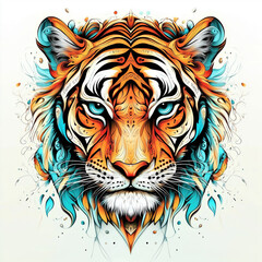 Colorful artistic tiger illustration filled with abstract patterns and vibrant details