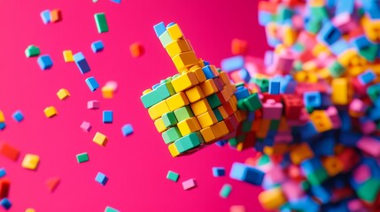 Colorful cubes form a thumbs up symbol against a bright pink background. This creative design represents positivity and innovation. Generative AI