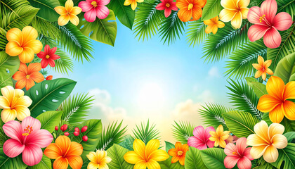 Tropical floral illustration with peach pink yellow flowers and lush green leaves
