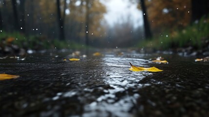 Fototapeta premium Autumn rain in a forest stream