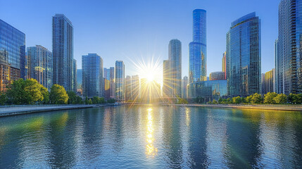 Fototapeta premium stunning view of towering buildings reflecting sunlight over calm river, creating serene