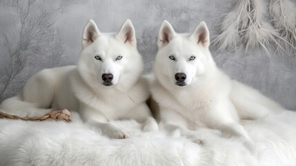 Two stunning white dogs, posing side by side on a white fur bed against a neutral gray backdrop.  They are beautifully groomed and have striking blue eyes