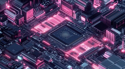 Fototapeta premium Quantum computer, large data processing, database concept. CPU isometric banner. Central Computer Processors CPU concept.Digital chip