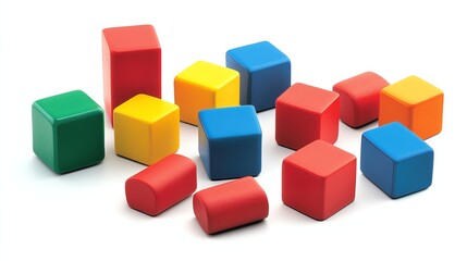 Colorful plastic toy blocks in various shapes and sizes are scattered on a white background.