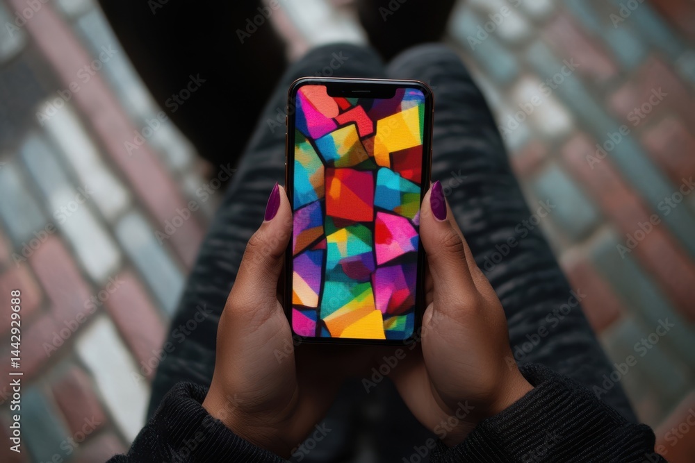 Poster person holding a smartphone with a colorful geometric pattern displayed on the screen in their hands
