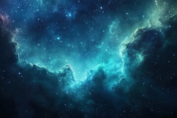 Fototapeta premium Cosmic background with glowing stars and nebulous clouds in icy blue and green hues captures the mystical energy of deep space for fantasy visuals, spiritual designs, and dreamlike sci fi themes