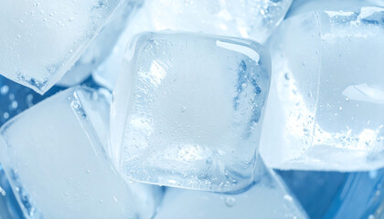 Obraz premium Refreshing soda water with ice cubes – Closeup view with sparkling bubbles and cool refreshment background