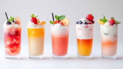 Layered Fruit Drinks Whipped Cream Garnish Vibrant Summer Style High Resolution Closeup Shot Tall Glass Assortment Refreshing Beverages White Background Bright Colorful Tones Menu Photography