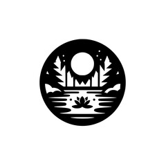 Obraz premium Minimalist Zen Nature Circle Icon: Lotus, Moon, and Forest Black and White Illustration