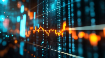 A digital screen displays financial data and a fluctuating stock market graph in vibrant blue and orange colors.