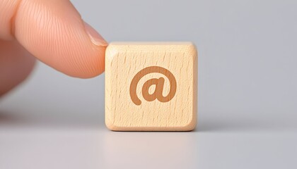 A fingertip gently touches a light-wood cube displaying an email symbol