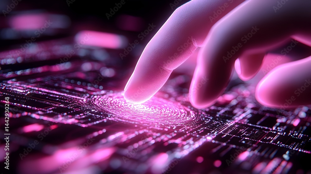 Poster a glowing finger touches a digital fingerprint sensor on a futuristic circuit board, illuminating a 