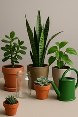 Fototapeta premium Variety of Indoor Plants With Different Pots and a Watering Can Arranged on a Neutral Background