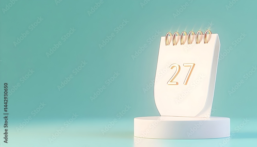 Poster a minimalist 3d rendering of a calendar page displaying the 27th, standing on a small, round pedesta