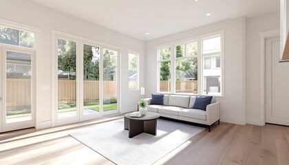 Bright, airy sunlit living room with light beige sofa, coffee table, and large windows/doors opening to a backyard