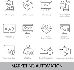 Marketing Automation Line Icons &ndash; CRM, A/B Testing, Workflow, Email Automation | Vector Set in AI, EPS, SVG | Designed in Adobe Illustrator