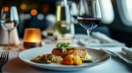 Close-up of fine dining experience on a luxury airline, featuring a chef-prepared gourmet dish and a glass of premium wine, highlighting exceptional service, perfect for first-class airline promotions