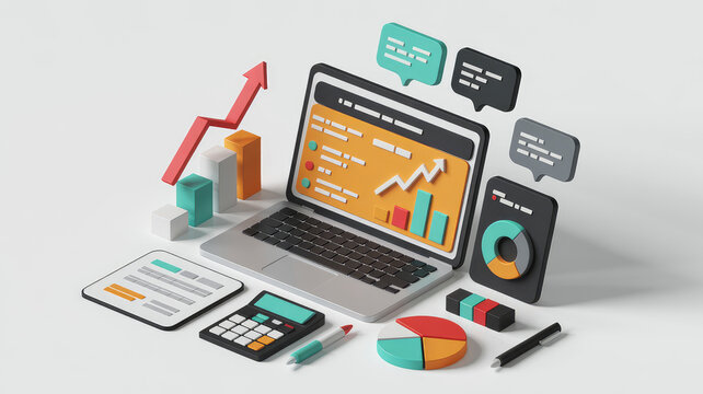 Digital Business Data Analysis: An eye-level shot of laptop surrounded by business data elements. the core of data analysis and strategic decision-making.