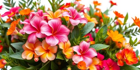 Naklejka premium Vibrant pink & orange blooms in a lush bouquet, isolated on white, delicate, photography