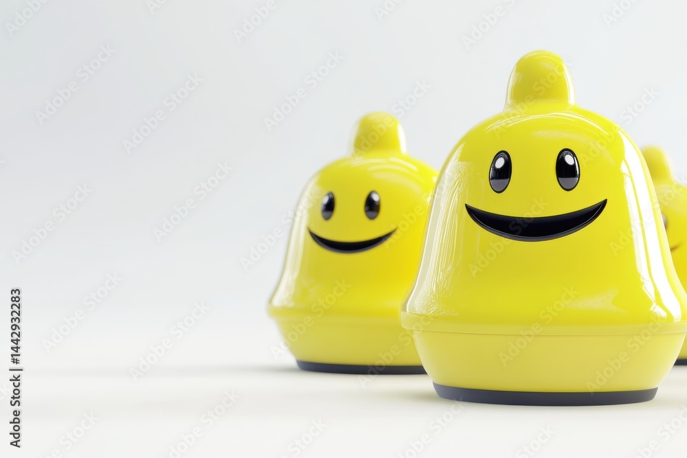 Poster three yellow bell shaped objects with smiley faces on a white surface in a studio setting