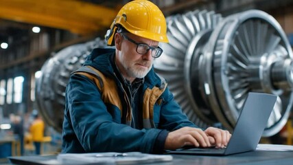 Engineering Precision: A focused engineer meticulously works on a laptop within a robust industrial environment, demonstrating skill and detail-oriented precision.