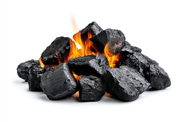 A heap of black coal rocks burning with orange flames on a white background in a studio shot