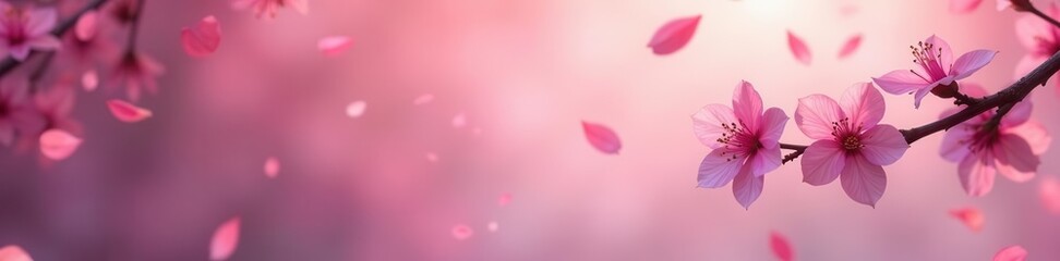 Fototapeta premium Soft pink sakura petals gently falling on blurred background, serene, spring scene