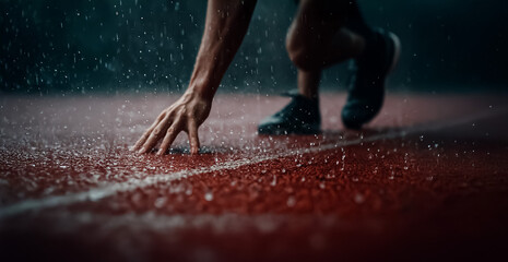 Close-up of a runner's hand touching a wet track surface as raindrops splash around, capturing the tension and energy before the race begins.