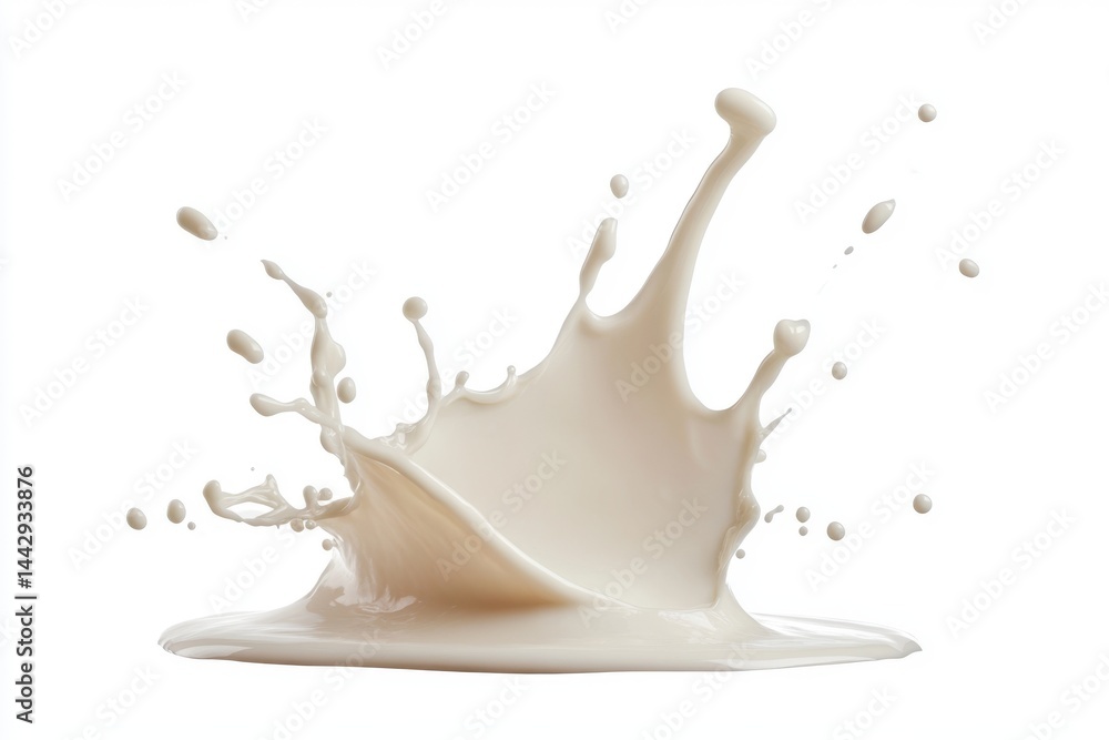 Poster a dynamic splash of white liquid with droplets isolated on a clean white background in a studio shot