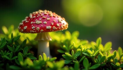 Sun-dappled porcini mushroom nestled in vibrant green moss , scenic, boletus, environment