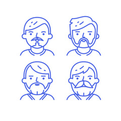 Vector icon set of bearded men avatars in linear style. Young and elderly male characters with various mustache and beard types. Editable stroke design for user interface isolated on white background