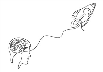 continuous stylized modern drawing of a human head and brain thinking about a Start up business. Time for new opportunities to earn. Editable stroke. 