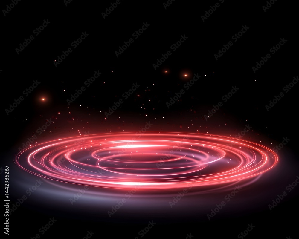 Poster glowing red and pink concentric circles on a dark background, with small particles floating above