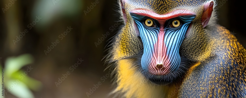 Poster striking portrait of a colorful mandrill monkey showcasing its unique patterns