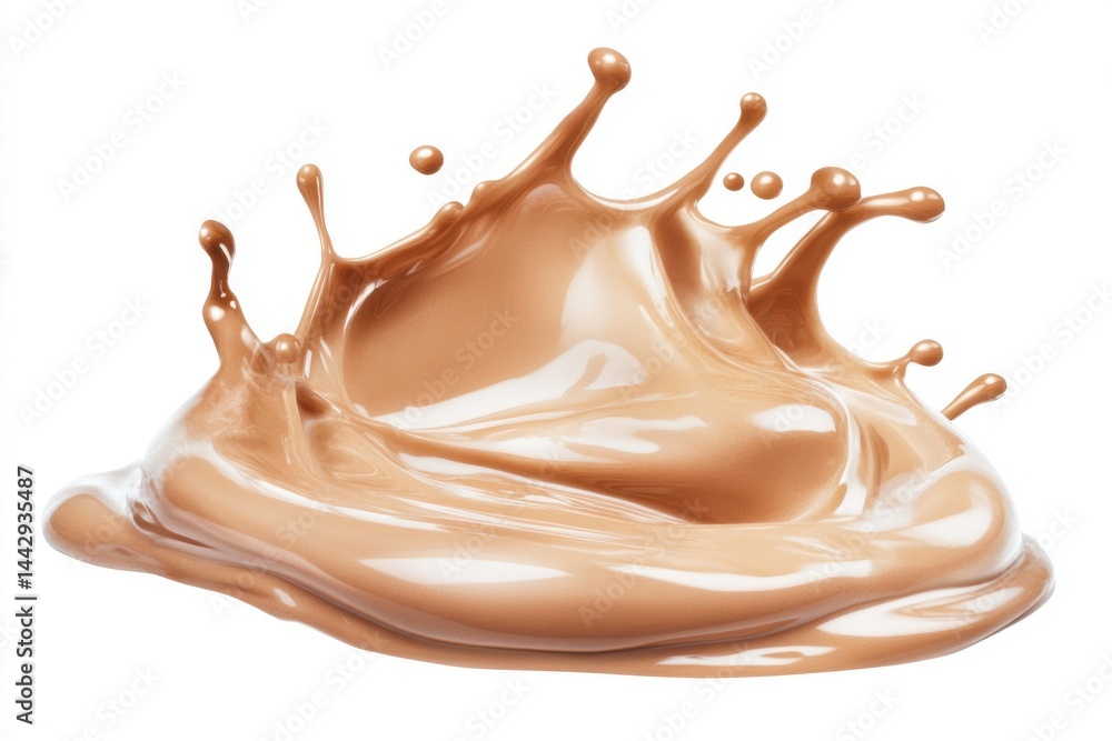 Poster a brown liquid splash with droplets on a white background creating a dynamic and fluid movement
