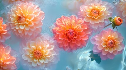Fototapeta premium Vibrant dahlia blossoms floating in tranquil water with soft bubbles
