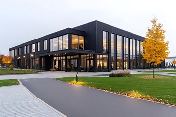 Modern black building with large windows, illuminated interior, and autumnal landscaping