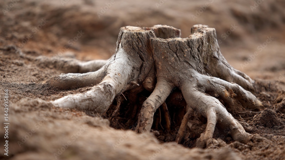 Poster Roots stretch out from a partially exposed tree stump, intertwining with the soil and showcasing nature's resilience. Sunlight filters through, highlighting the rugged texture and age of the wood