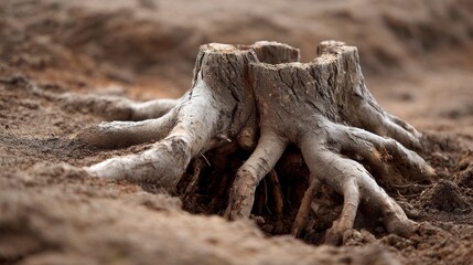 Fototapeta premium Roots stretch out from a partially exposed tree stump, intertwining with the soil and showcasing nature's resilience. Sunlight filters through, highlighting the rugged texture and age of the wood