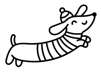 Cute Dachshund in Warm Autumn Outfit with Hat and Sweater, Cartoon Dog, Pet Clothing, Seasonal Animal Fashion for Fall, Cozy Look for Pet Store and Veterinary Marketing