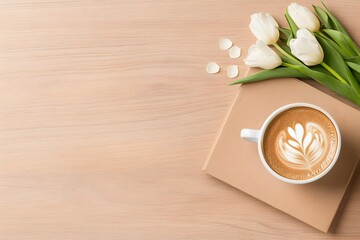 Latte art coffee, white tulips, and book on wood