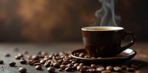 Steaming black coffee, scattered coffee beans, steam, grain