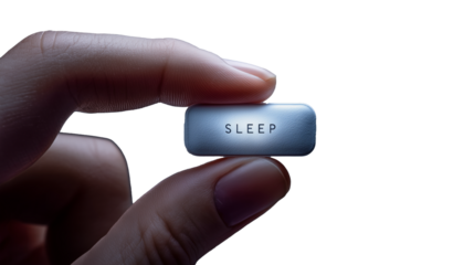 Close-up of a woman's thumb and forefinger holding a pill with ‘Sleep’ written on it. Concept of insomnia. Transparent background.