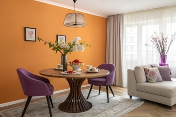 Modern Vibrant Dining Room with Orange Walls and Mid-Century Contemporary Decor