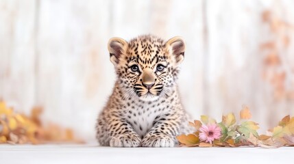 Obraz premium Adorable leopard cub in autumnal setting