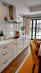 Interior of a modern rustic kitchen with white cabinets and polished tiles.