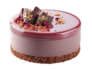 Delicious purple raspberry cheesecake with glossy mirror glaze, decorated with crushed dried petals and gold flakes. Transparent background.