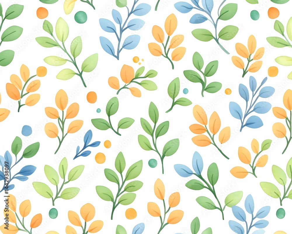 Poster pastel-colored leaves and dots repeat in a seamless pattern